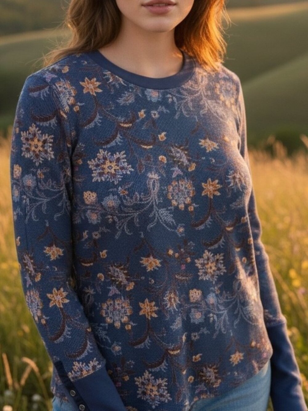 Sundance Meadowland Blue Floral Thermal Top Cottagecore Boho Romantic Size M